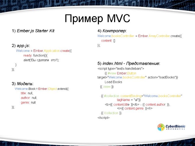 Пример MVC 1) Ember.js Starter Kit   2) app.js:    